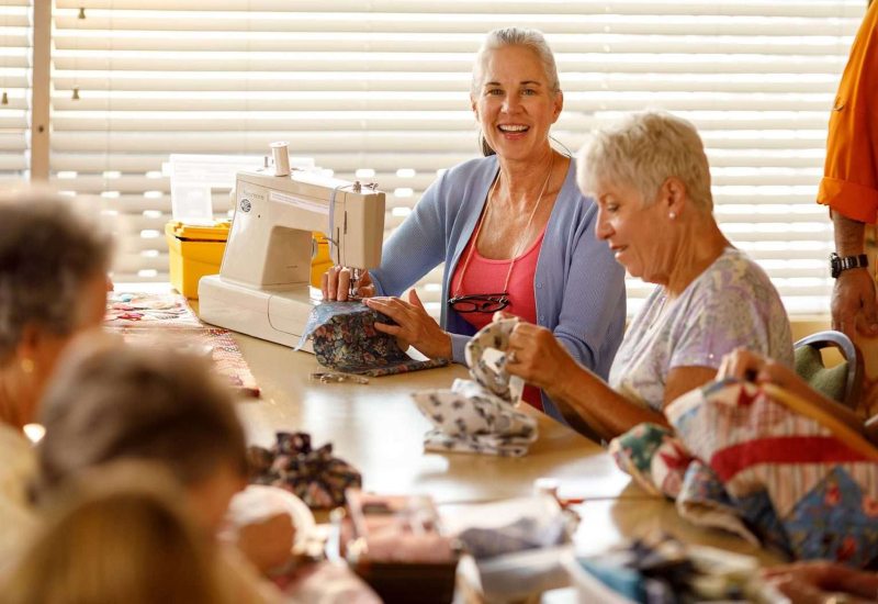 Elderly womens happily stiching and knitting