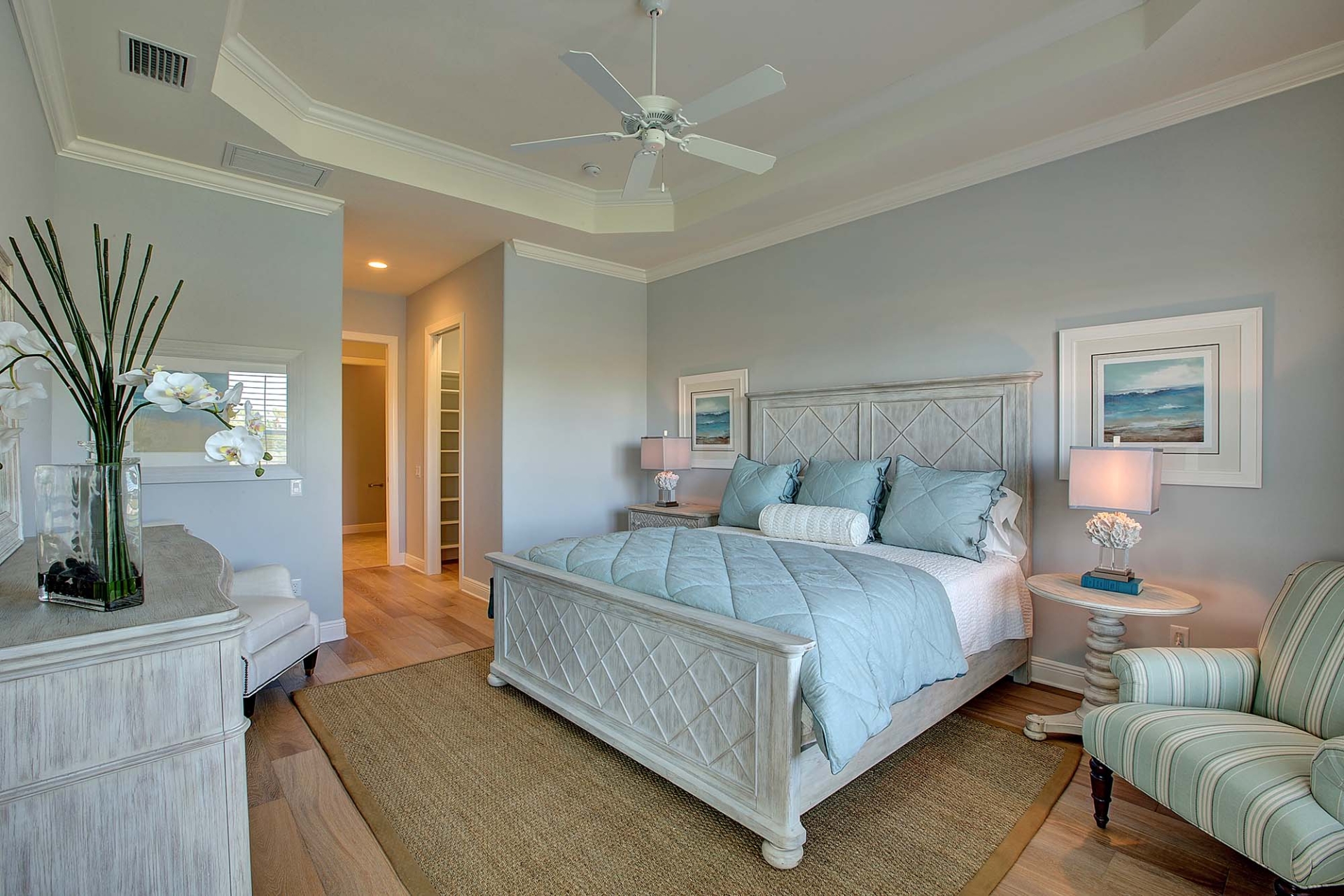 The master bedroom in the Sanibel Model Home at Shell Point Retirement Community